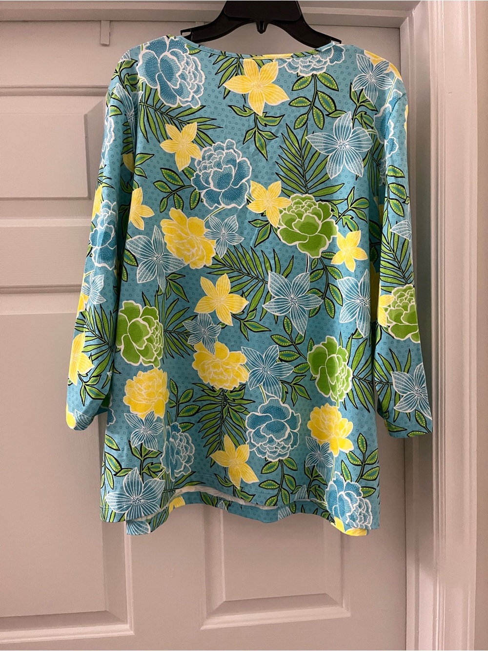 Ruby Rd. Teal Floral Pearl-Trim Long Sleeve Top - Picture 2 of 5